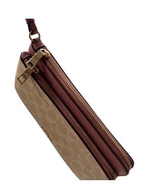 Coach Signature Canvas/Leather Double Zip Wristlet Tan/Mauve Retail 198 NWT